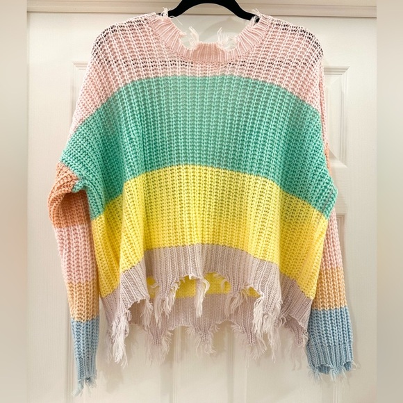 Miracle Destroyed Hem Color block V Neck Sweater sz Small Medium pink green blue - Picture 6 of 14